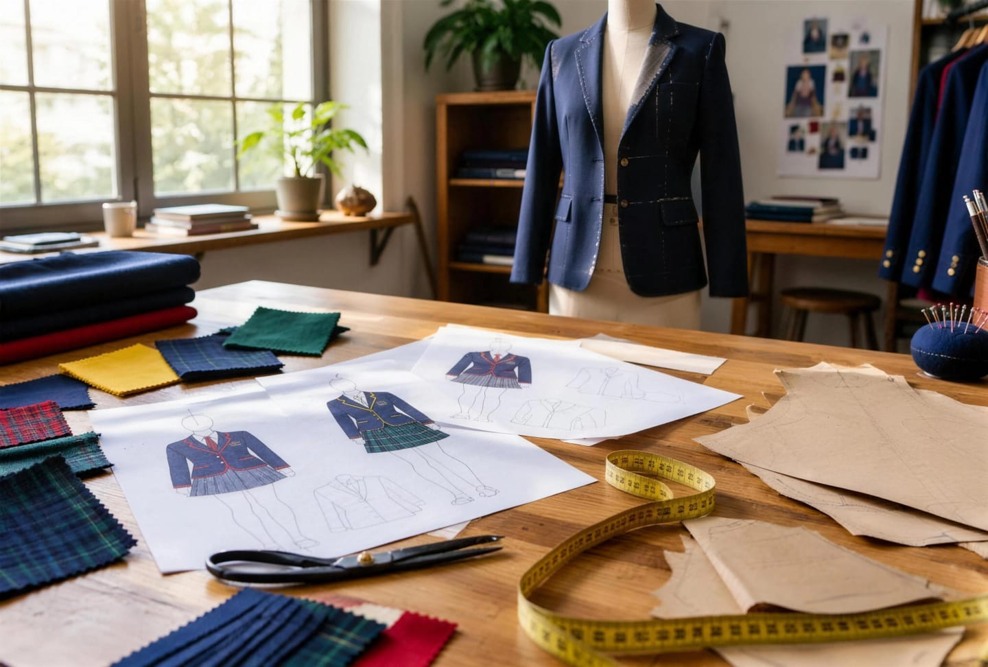 Technical sketches, patterns and fabric swatches in the EKRA design studio