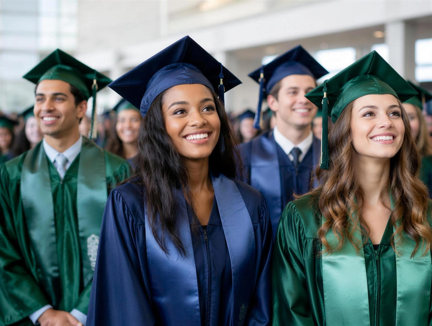 Graduating students in EKRA academic gowns and mortarboard caps