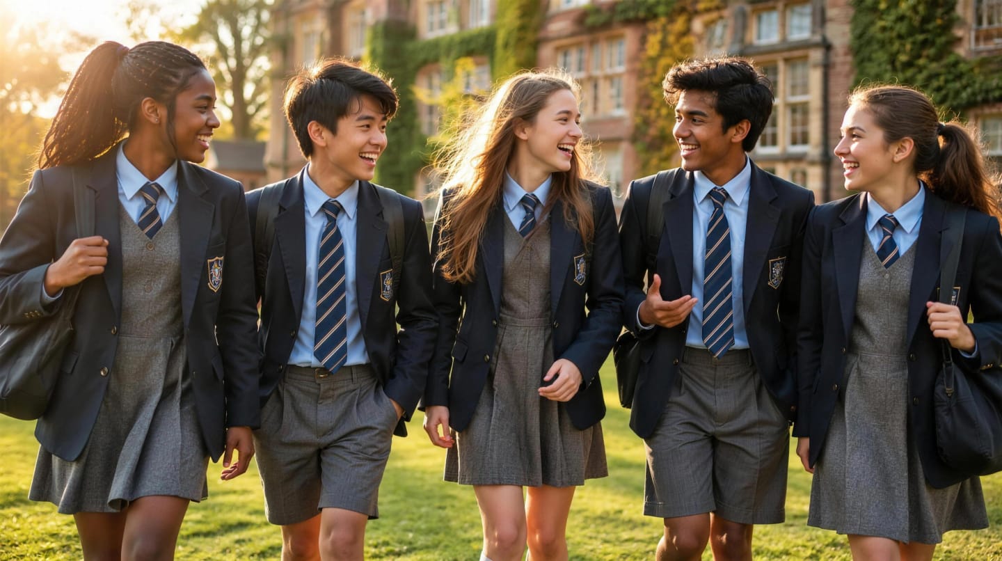 International school pupils laughing together on the campus lawn in EKRA TEXTILE blazers and ties