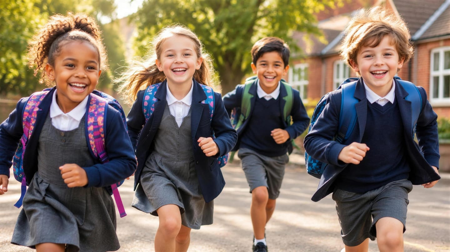 Primary school children running across the playground in EKRA school uniforms