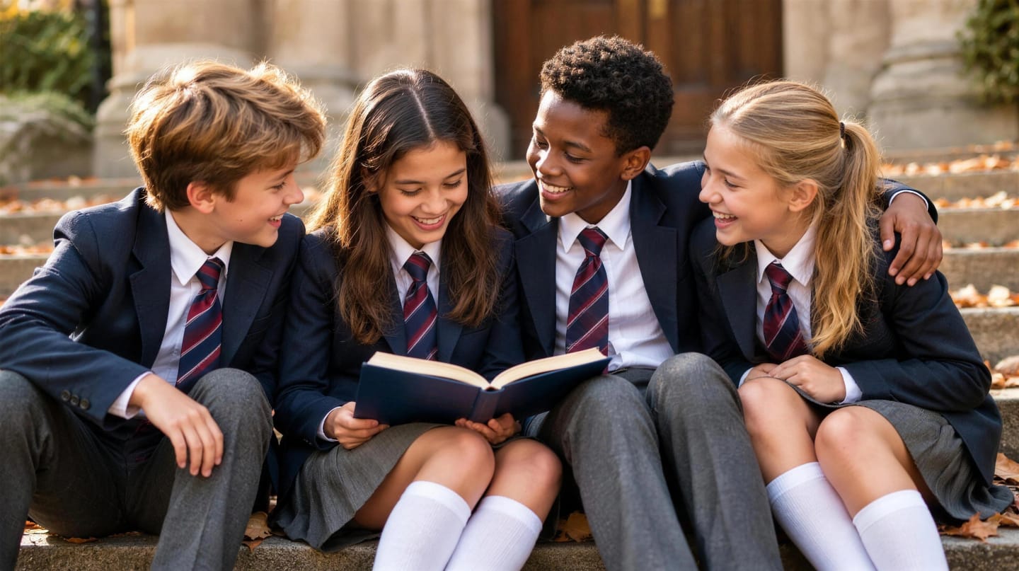 School friends sitting together on the steps, sharing a book in their school uniforms