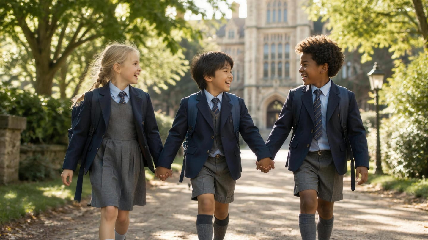 Three young pupils walking hand in hand to school in navy blazers and grey uniforms