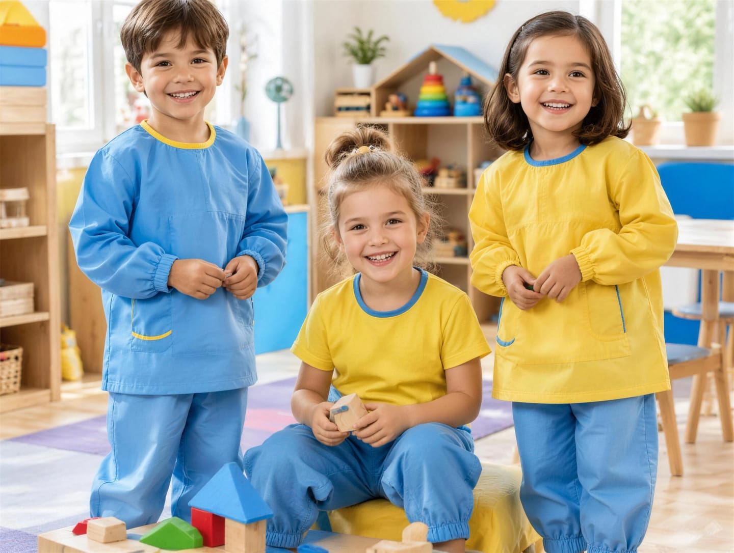Preschool children in colourful EKRA kindergarten uniforms in a bright classroom