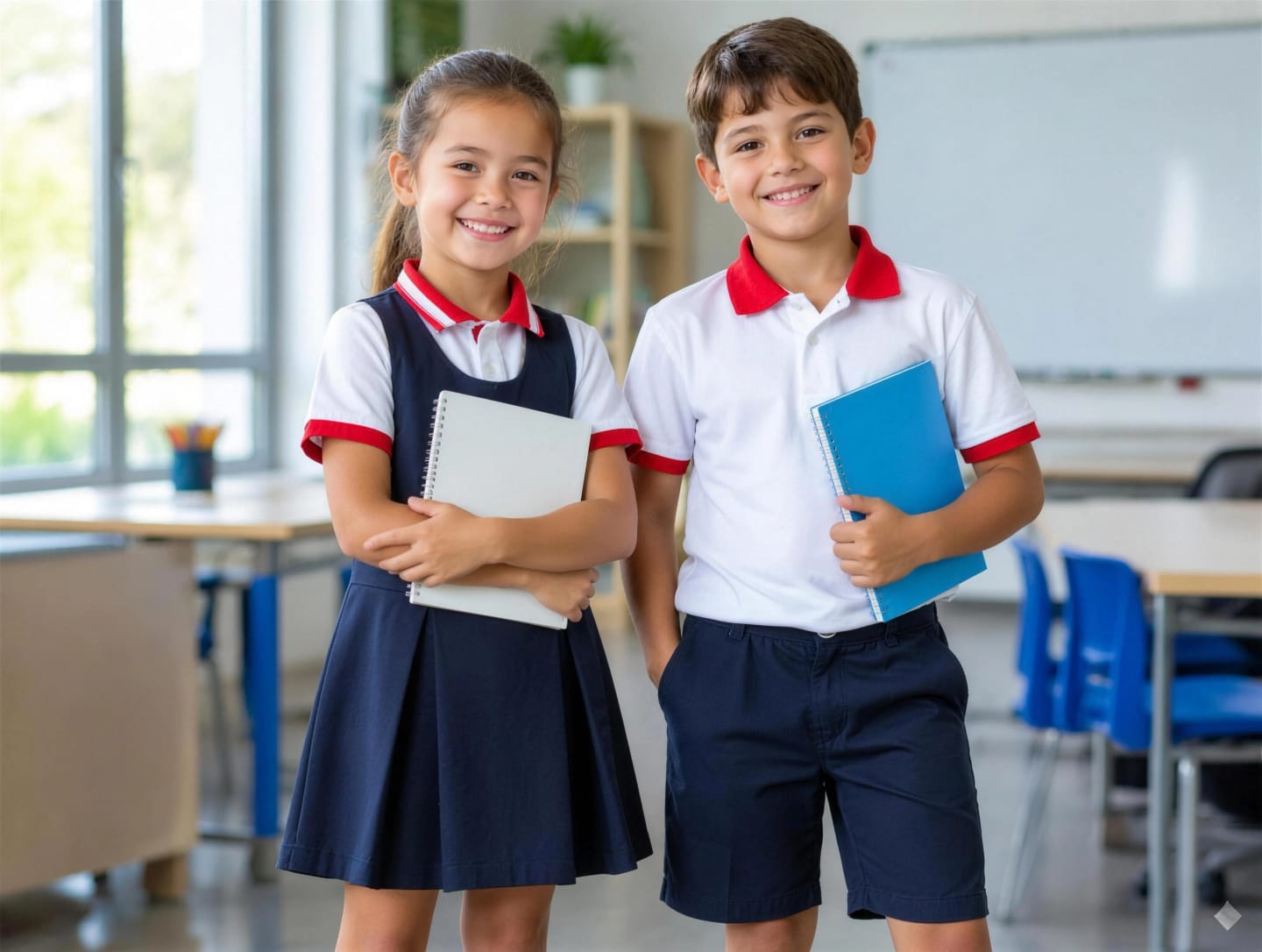 Primary school pupils wearing EKRA school uniforms in a classroom