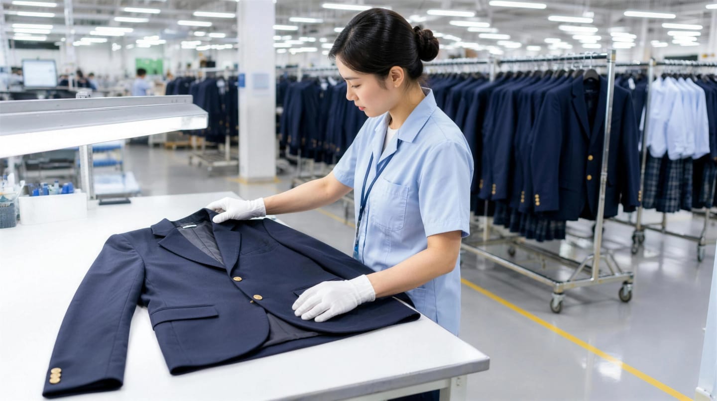 Finished school uniforms being inspected before packing