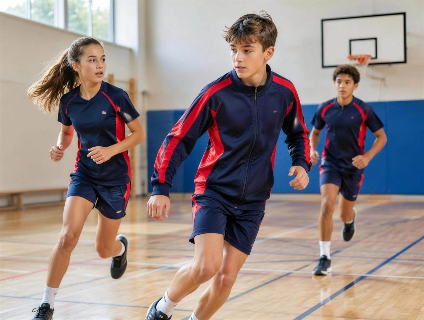 School students in EKRA breathable sportswear in a school gymnasium