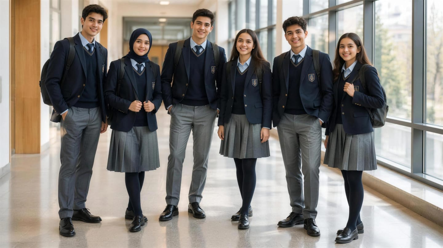 Secondary school students wearing tailored EKRA TEXTILE blazers, shirts and skirts